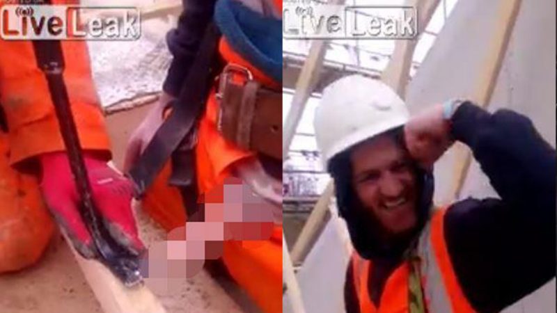 Roofer nail-guns his dick down to a plank of wood for a dare