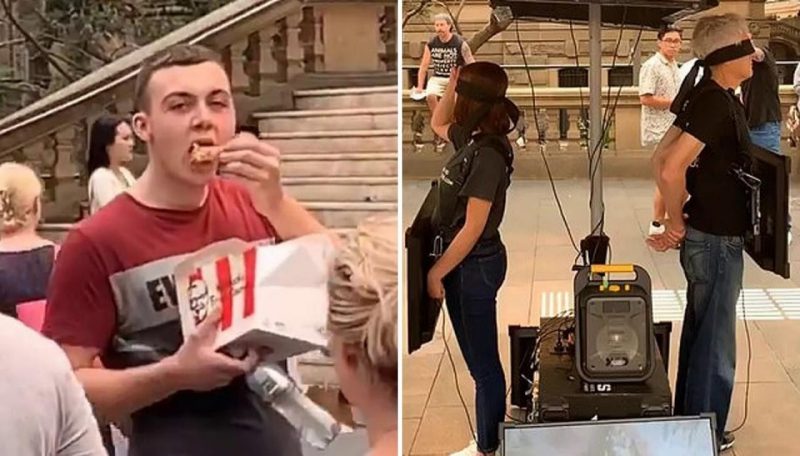 Aussie bloke scoffs down box of KFC at vegan protest in Sydney