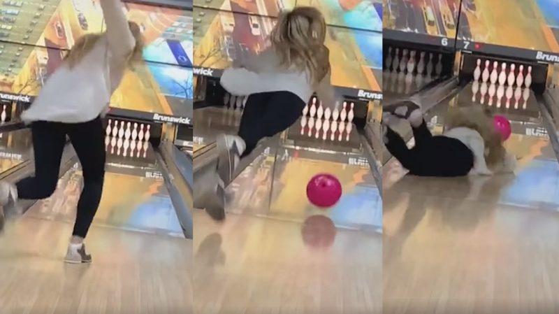 Girl forgets to let go of bowling ball and eats it down the lane