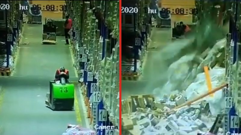 WATCH: Forklift driver falls asleep at the wheel, causing thousands of dollars worth of stock to fall