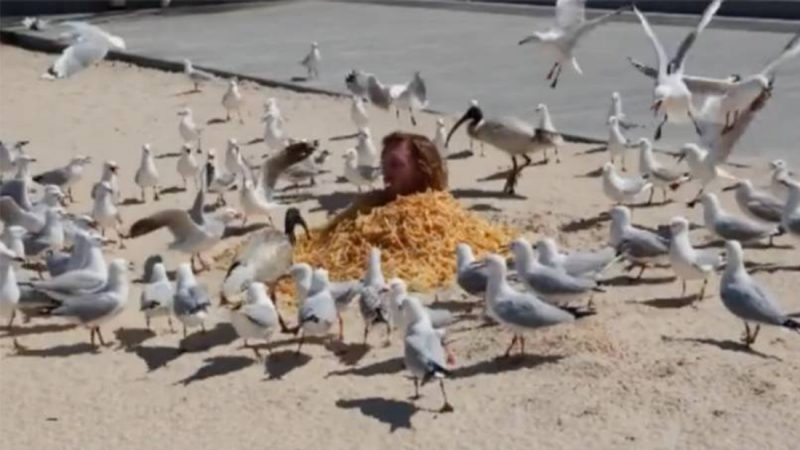 Aussie bloke buries himself at beach with $1,000 worth of hot chips around his head