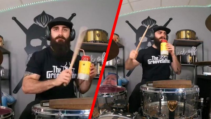 Drummer covers Slipknot with one hand, drinks soda with the other, kills it