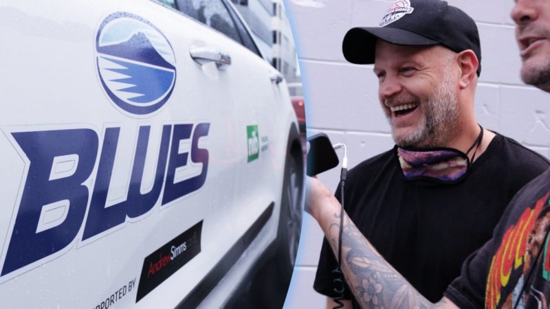 The Blues' biggest new supporter Mulls finds out he's won a Blues-branded car for a week