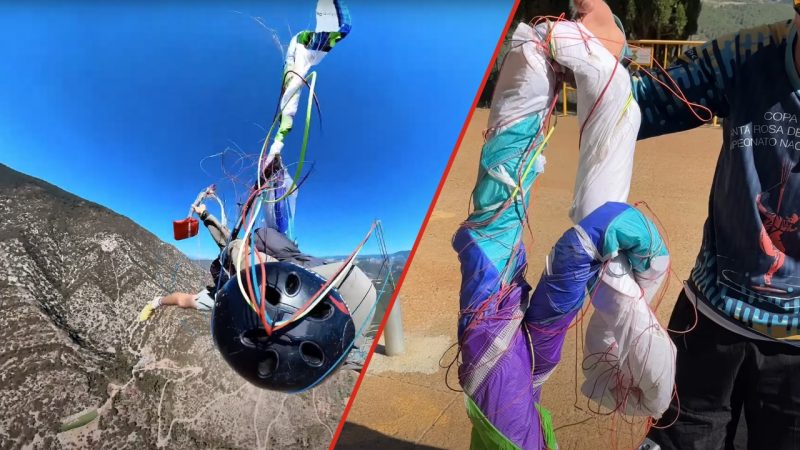 Paraglider cheats death by 'one second' in parachute tangle and it's bloody terrifying