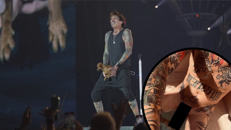 Motley Crue's Tommy Lee pulls a real-life sausage dog out of his pants onstage