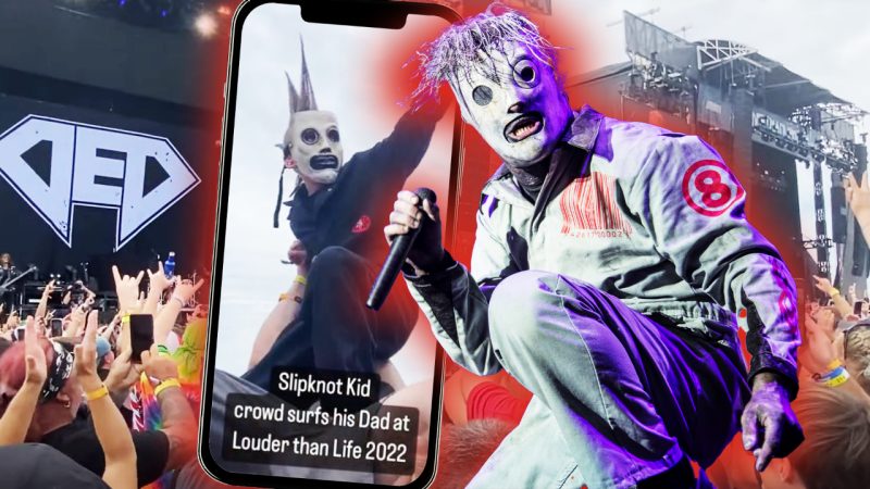 WATCH: Kid in a full Slipknot outfit crowd surfs at a rock festival with the help of his dad