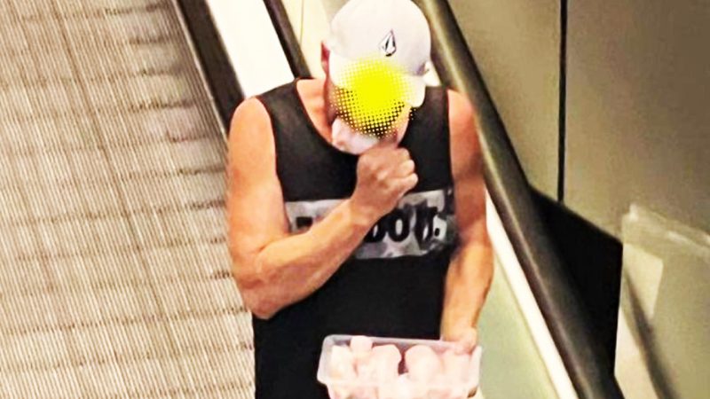'So cooked': Aussie bloke spotted openly devouring raw chicken in mall