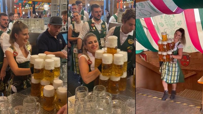 Oktoberfest waitress goes viral for effortlessly carrying 13 beer steins at once